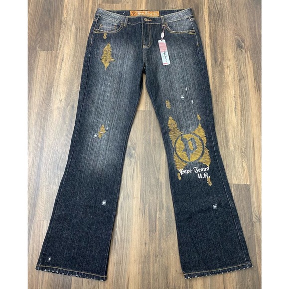 VTG Y2K NEW Women Pepe Jeans London stitched graphic denim flare pants, 32 - Picture 1 of 5